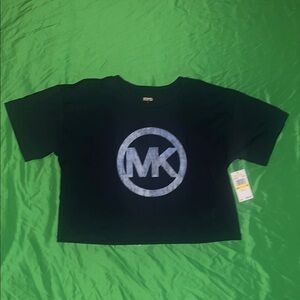 NWT MICHAEL by Michael Kors Cropped Navy Blue Logo T-Shirt size Medium